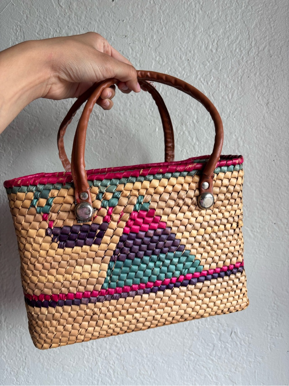 Handwoven Straw Tote with Pink & Teal Accent